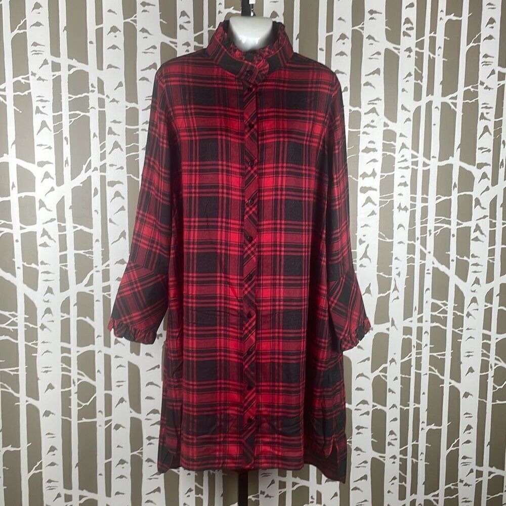 Soft Surroundings Bennington Plaid Ruffle Collar French Cuff Shirt Dress PXL